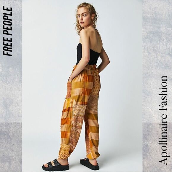 FREE PEOPLE CAMILLE PATCHWORK PANTS IN GOLDEN HOUR COMBO NWT - Picture 4 of 9